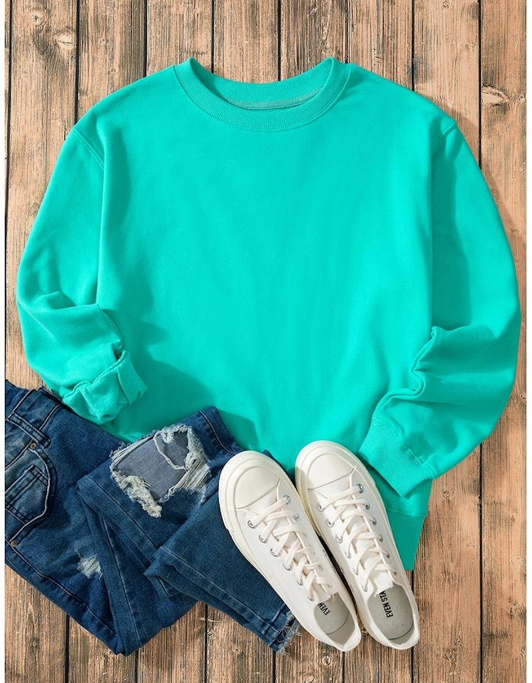 Aruba Blue Solid Fleece Lined Drop Shoulder Terry Sweatshirt