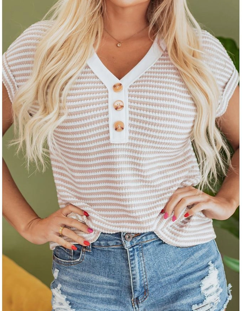 Khaki Stripe Buttoned Front V Neck Knitted T Shirt
