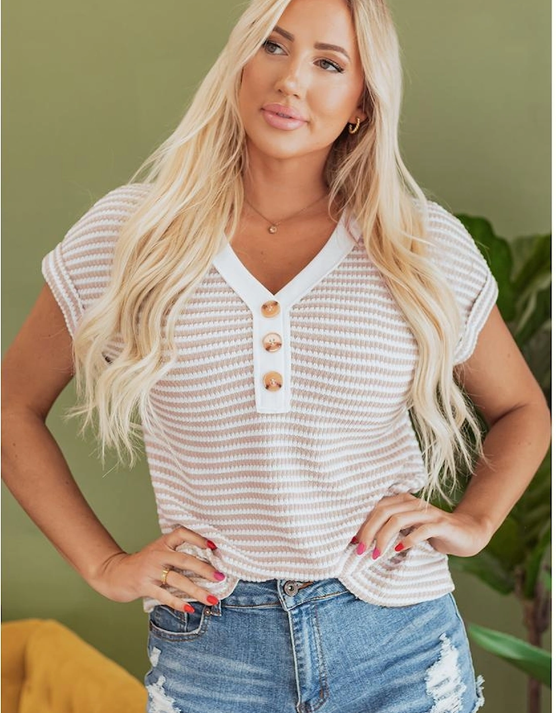 Khaki Stripe Buttoned Front V Neck Knitted T Shirt