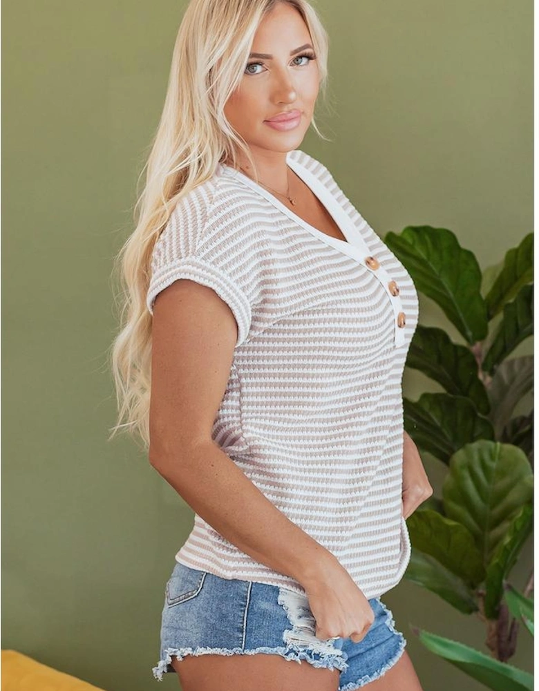 Khaki Stripe Buttoned Front V Neck Knitted T Shirt