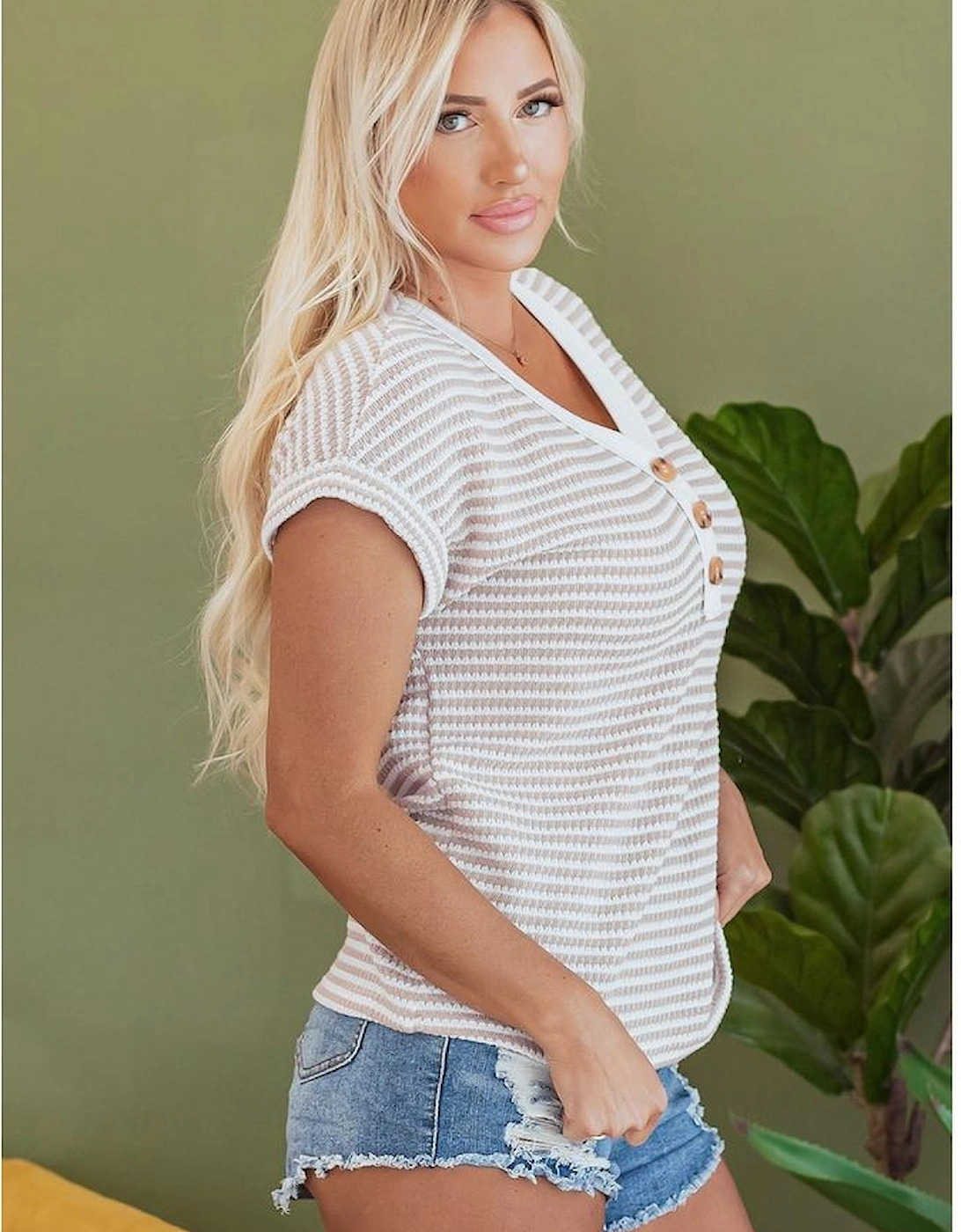 Khaki Stripe Buttoned Front V Neck Knitted T Shirt
