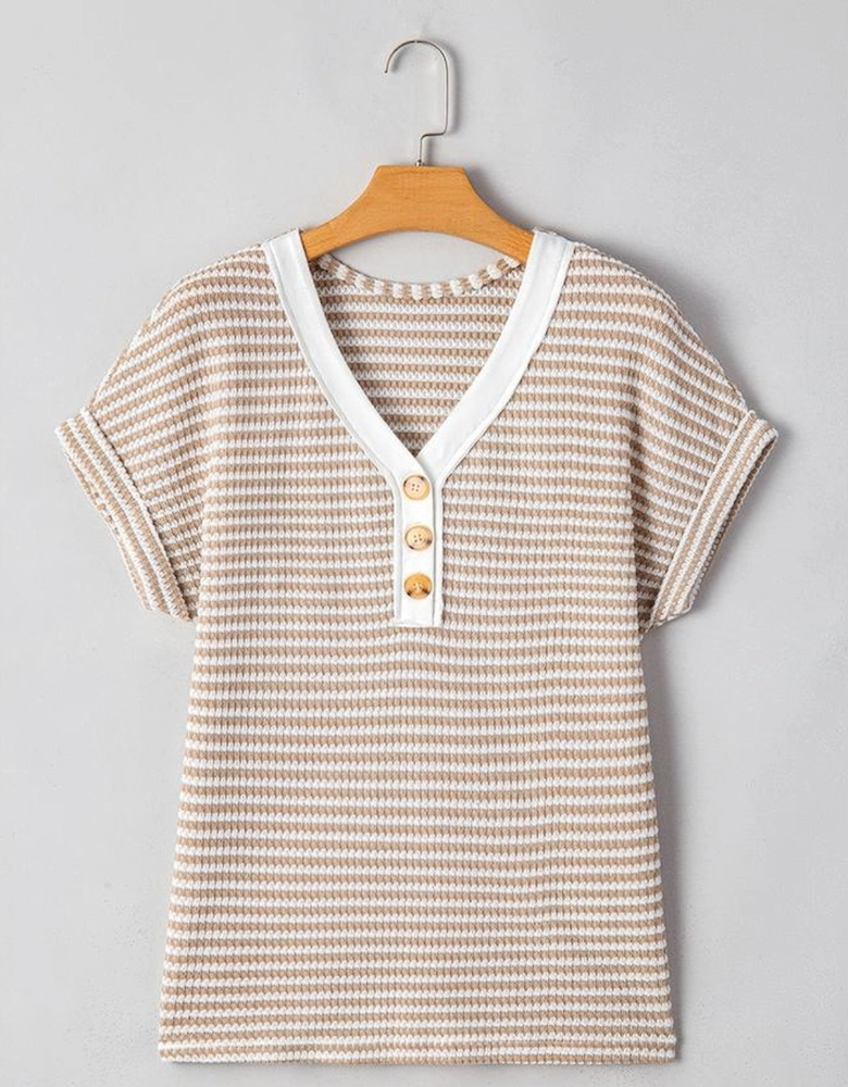 Khaki Stripe Buttoned Front V Neck Knitted T Shirt