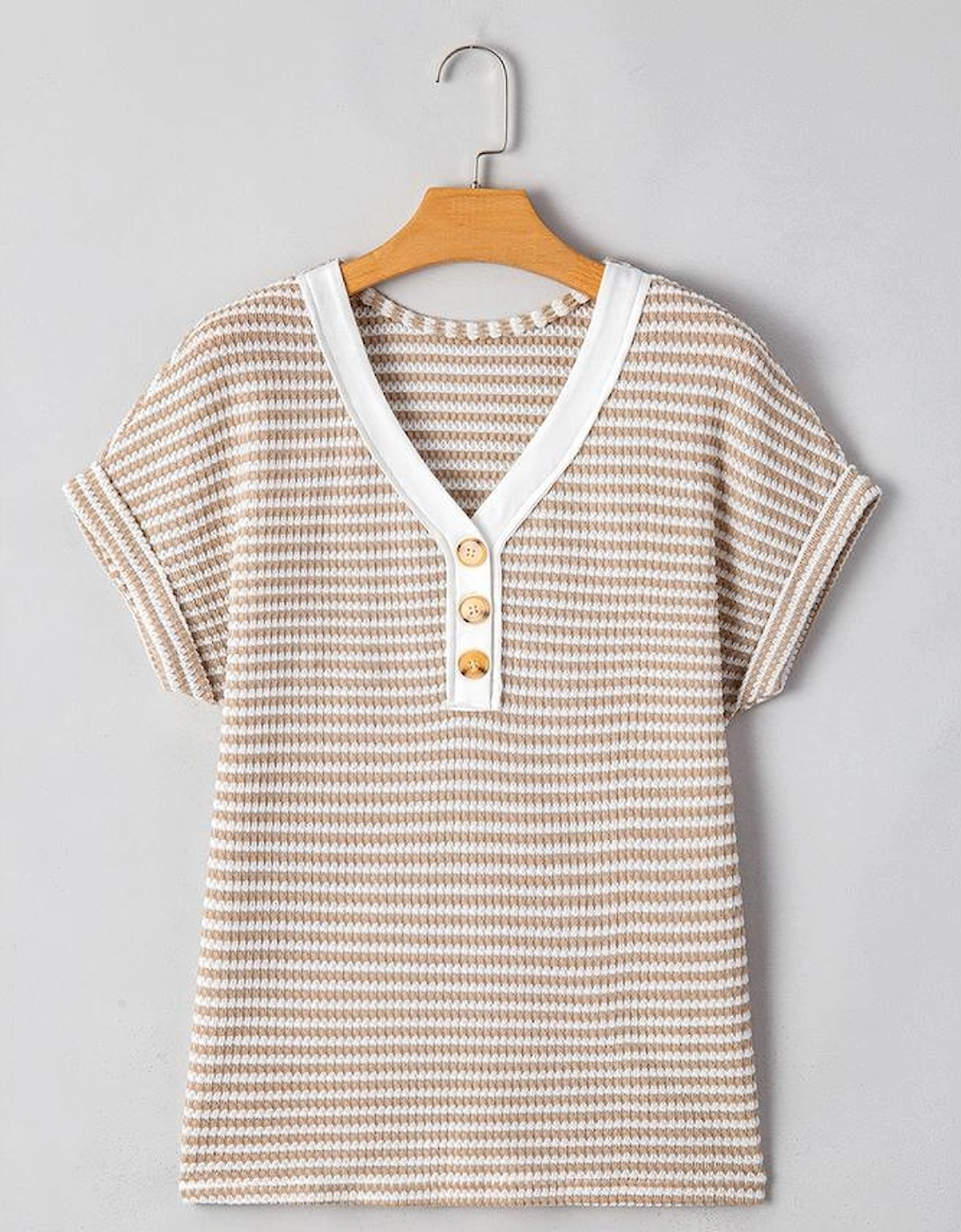 Khaki Stripe Buttoned Front V Neck Knitted T Shirt