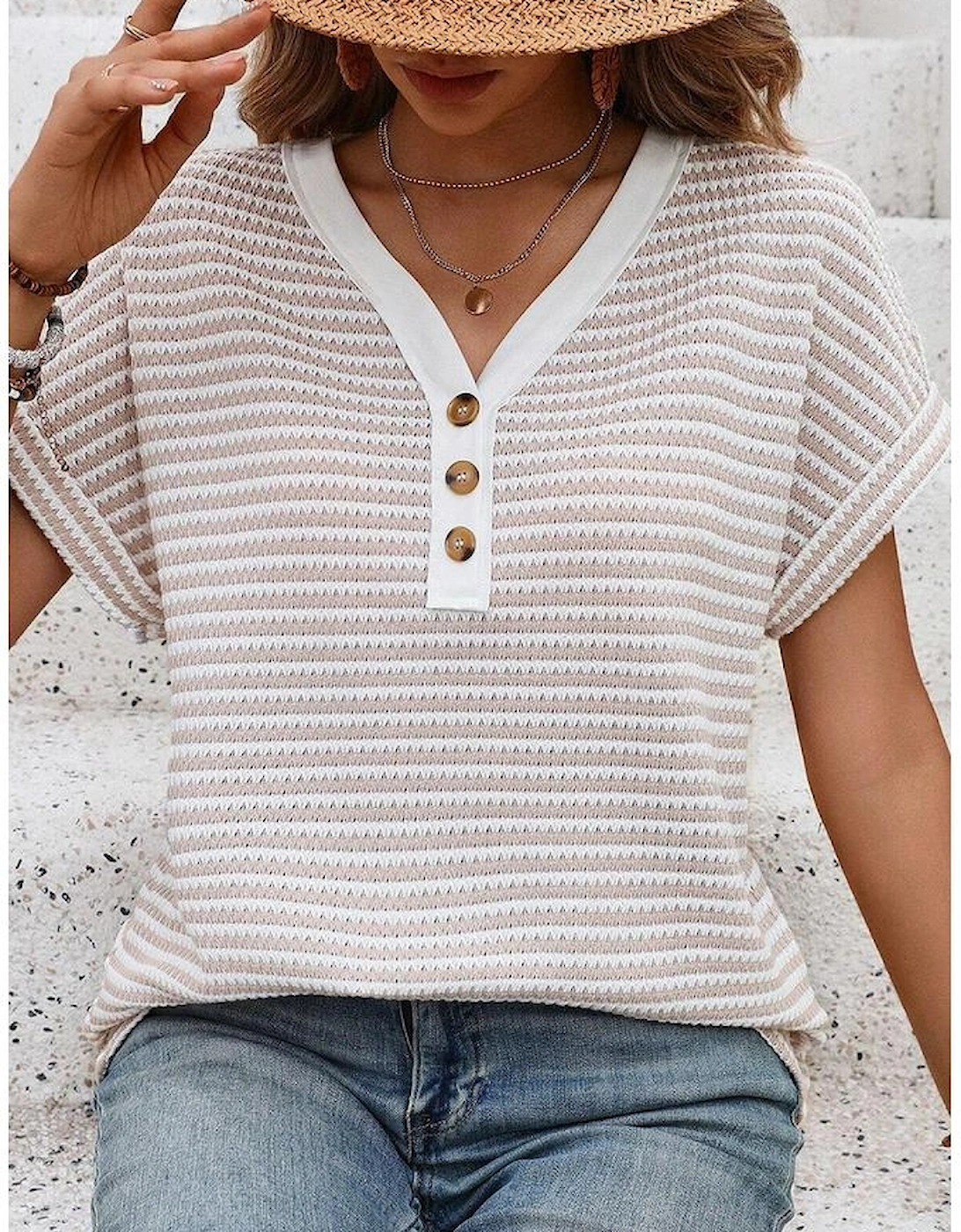 Khaki Stripe Buttoned Front V Neck Knitted T Shirt