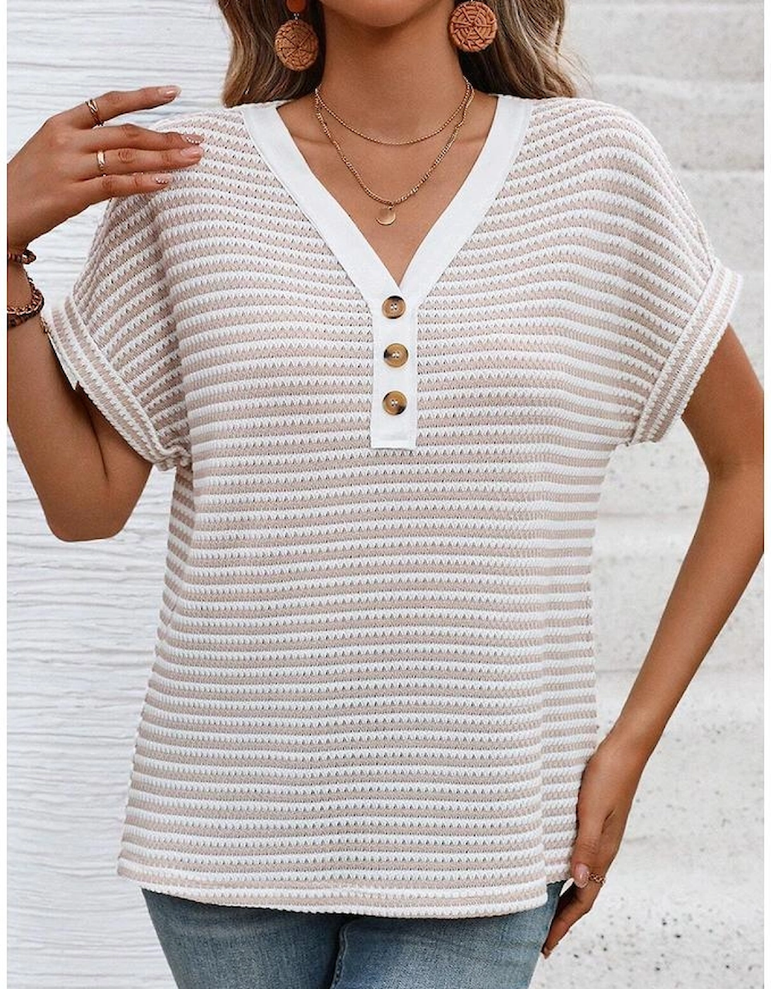 Khaki Stripe Buttoned Front V Neck Knitted T Shirt