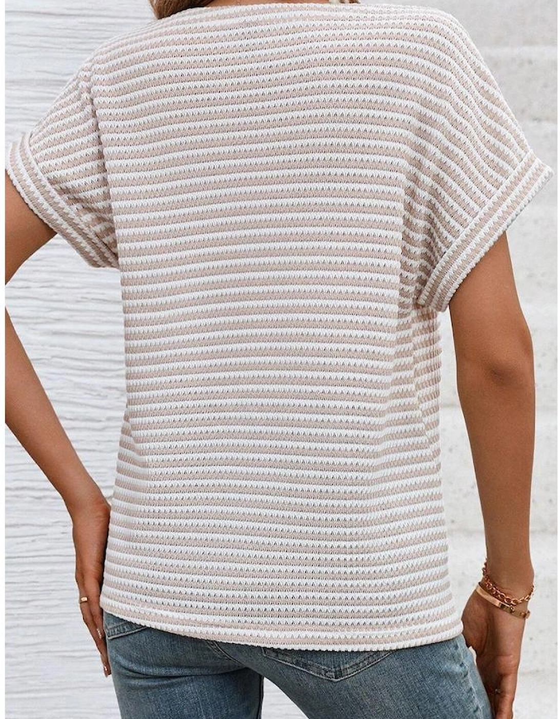 Khaki Stripe Buttoned Front V Neck Knitted T Shirt