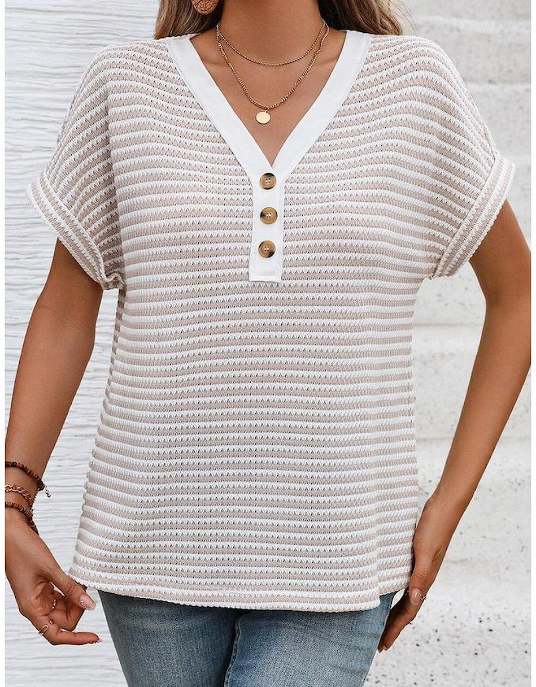 Khaki Stripe Buttoned Front V Neck Knitted T Shirt