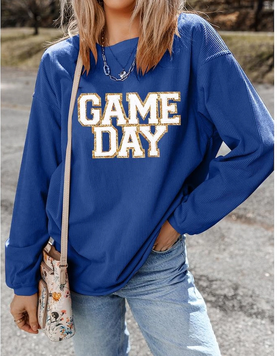 Dark Blue GAME DAY Glitter Detail Ribbed Drop Shoulder Sweatshirt