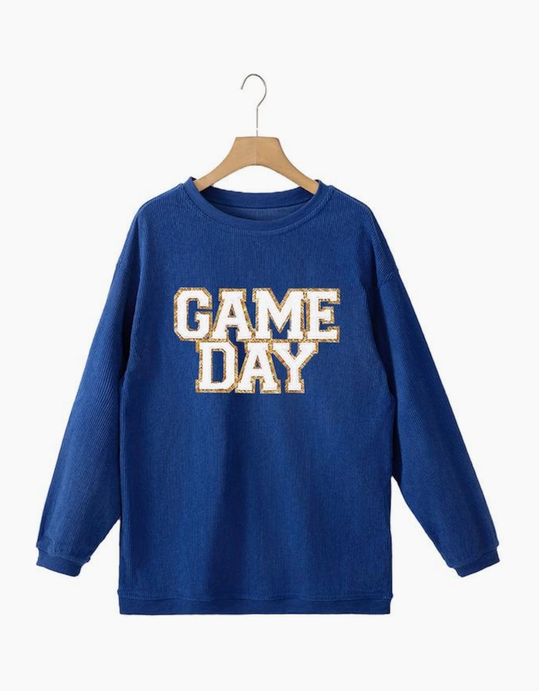 Dark Blue GAME DAY Glitter Detail Ribbed Drop Shoulder Sweatshirt