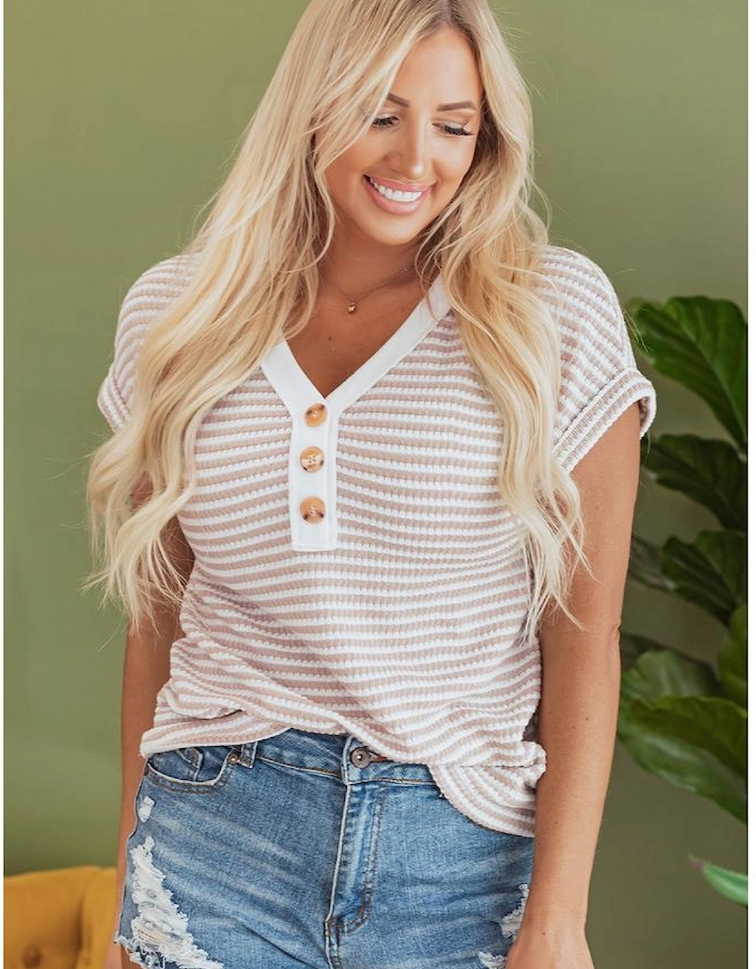 Khaki Stripe Buttoned Front V Neck Knitted T Shirt