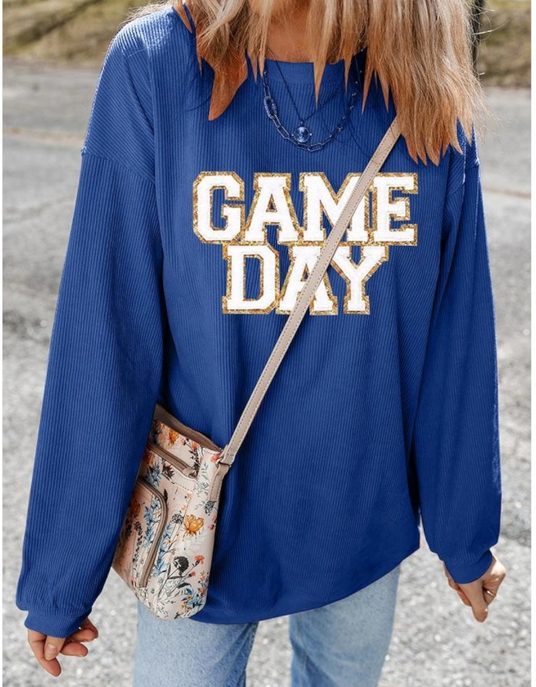 Dark Blue GAME DAY Glitter Detail Ribbed Drop Shoulder Sweatshirt