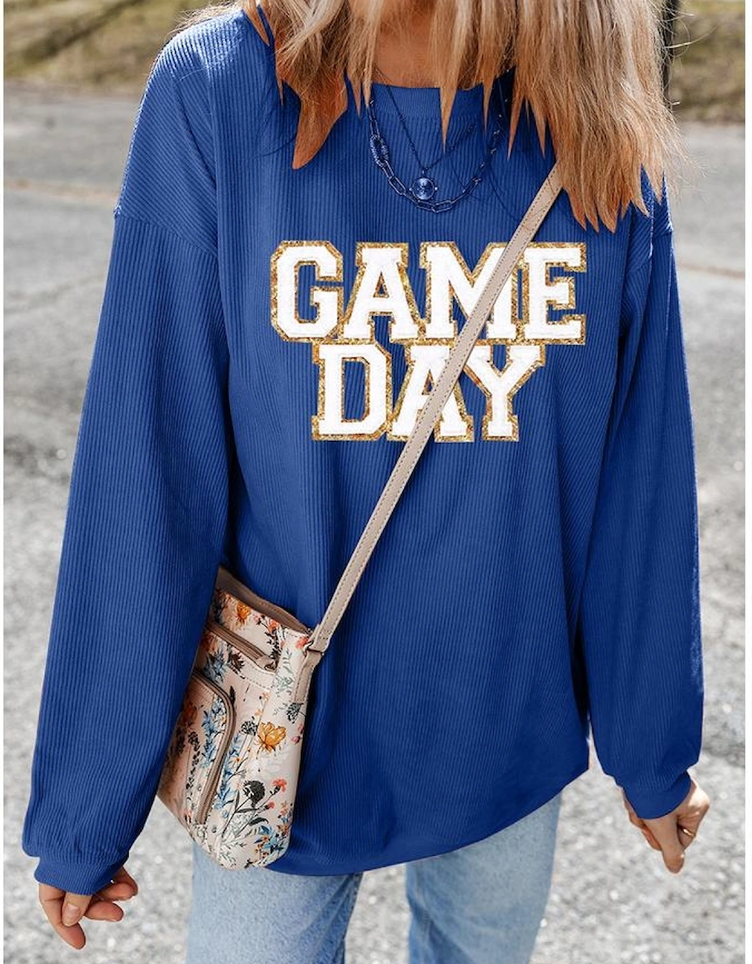 Dark Blue GAME DAY Glitter Detail Ribbed Drop Shoulder Sweatshirt