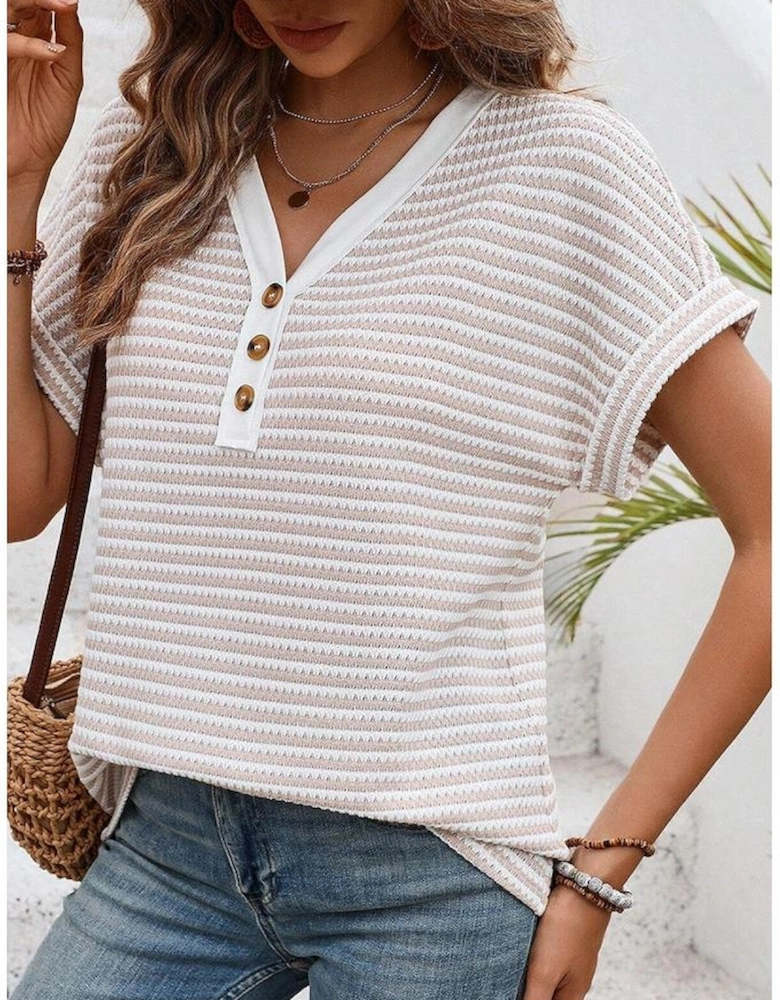Khaki Stripe Buttoned Front V Neck Knitted T Shirt