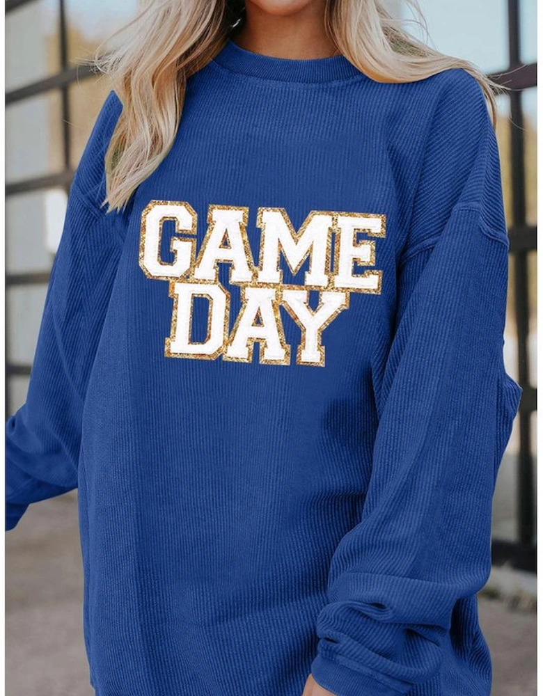 Dark Blue GAME DAY Glitter Detail Ribbed Drop Shoulder Sweatshirt
