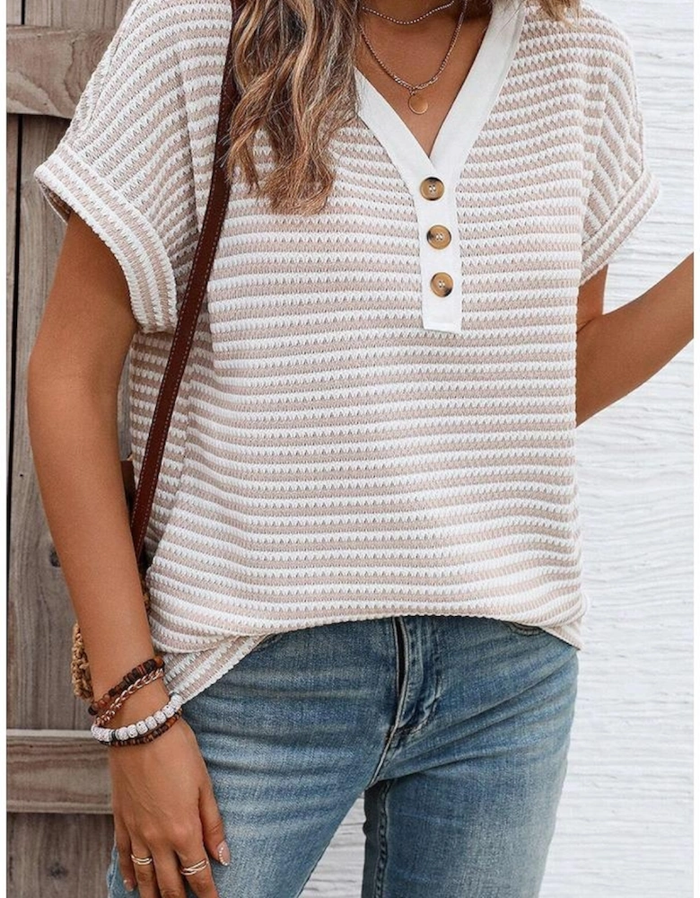 Khaki Stripe Buttoned Front V Neck Knitted T Shirt