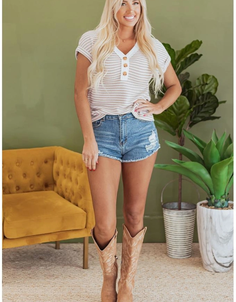 Khaki Stripe Buttoned Front V Neck Knitted T Shirt