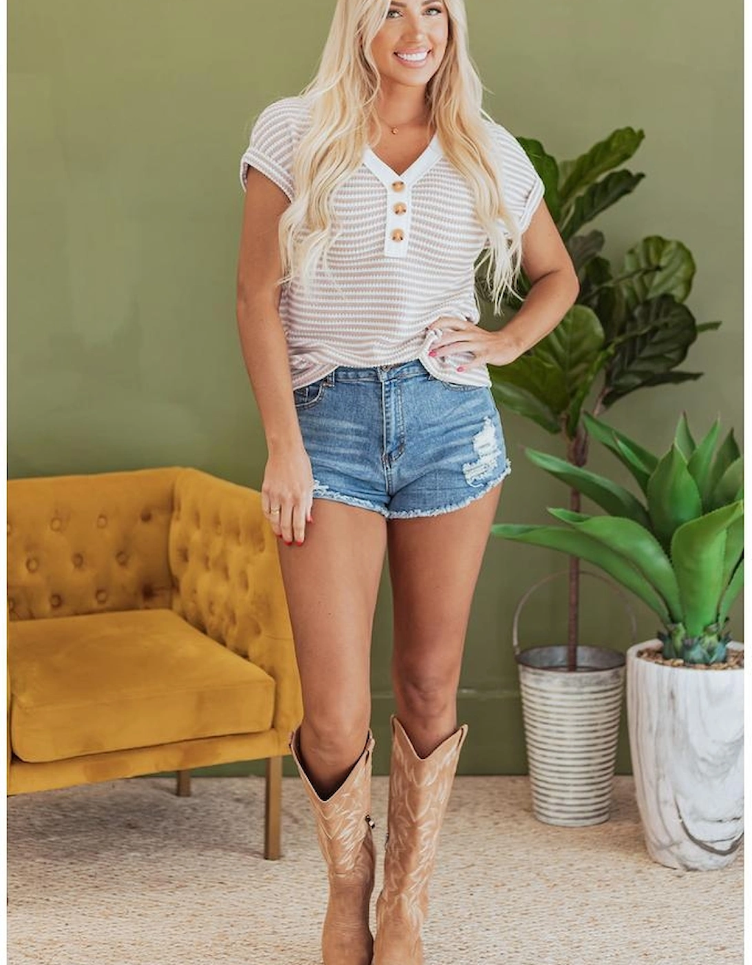 Khaki Stripe Buttoned Front V Neck Knitted T Shirt