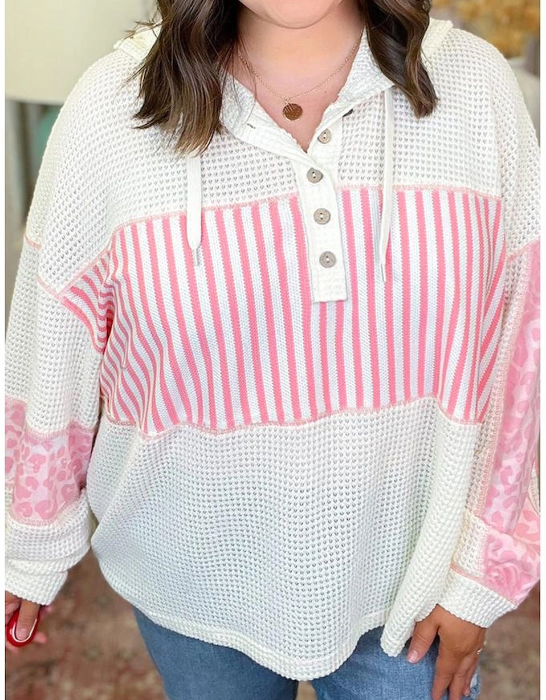 Pink Stripe Leopard Patchwork Waffle Knit Buttoned Plus Size Hoodie