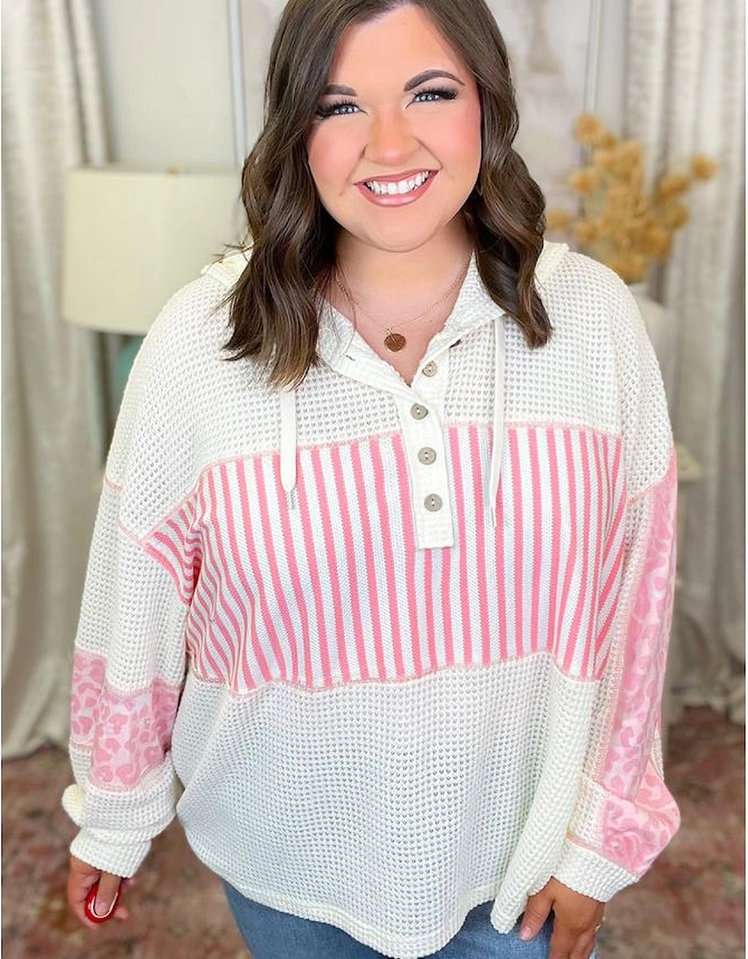 Pink Stripe Leopard Patchwork Waffle Knit Buttoned Plus Size Hoodie, 3 of 2
