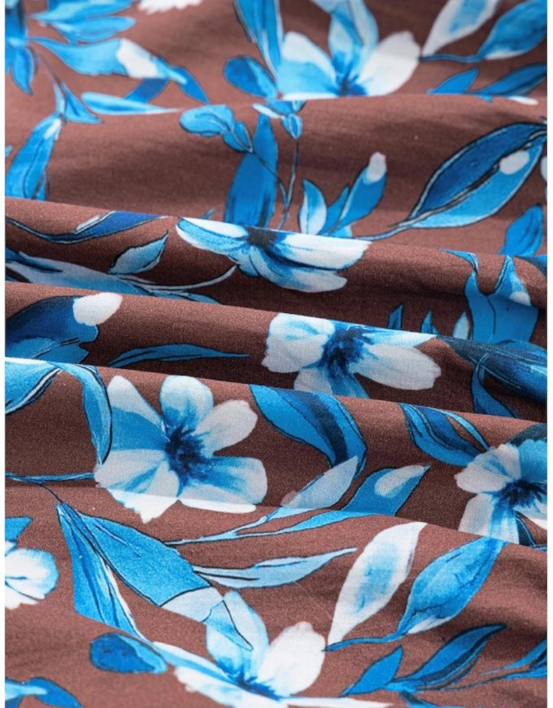 Blue Smocked Bodice High Waist Ruffled Sleeve Floral Dress