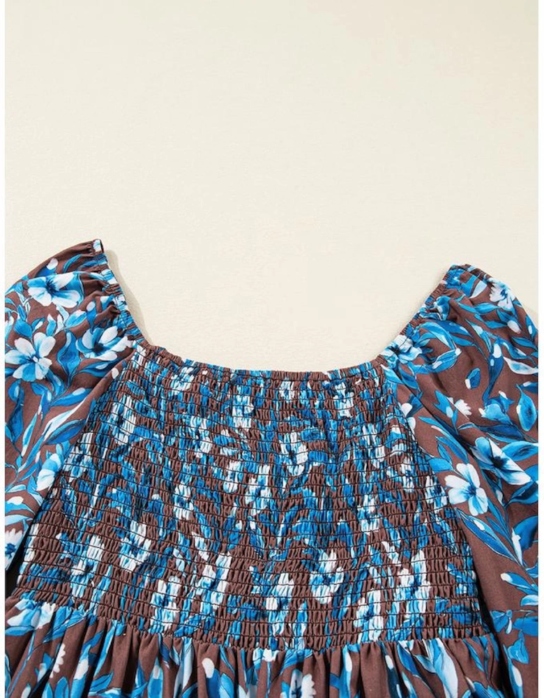 Blue Smocked Bodice High Waist Ruffled Sleeve Floral Dress