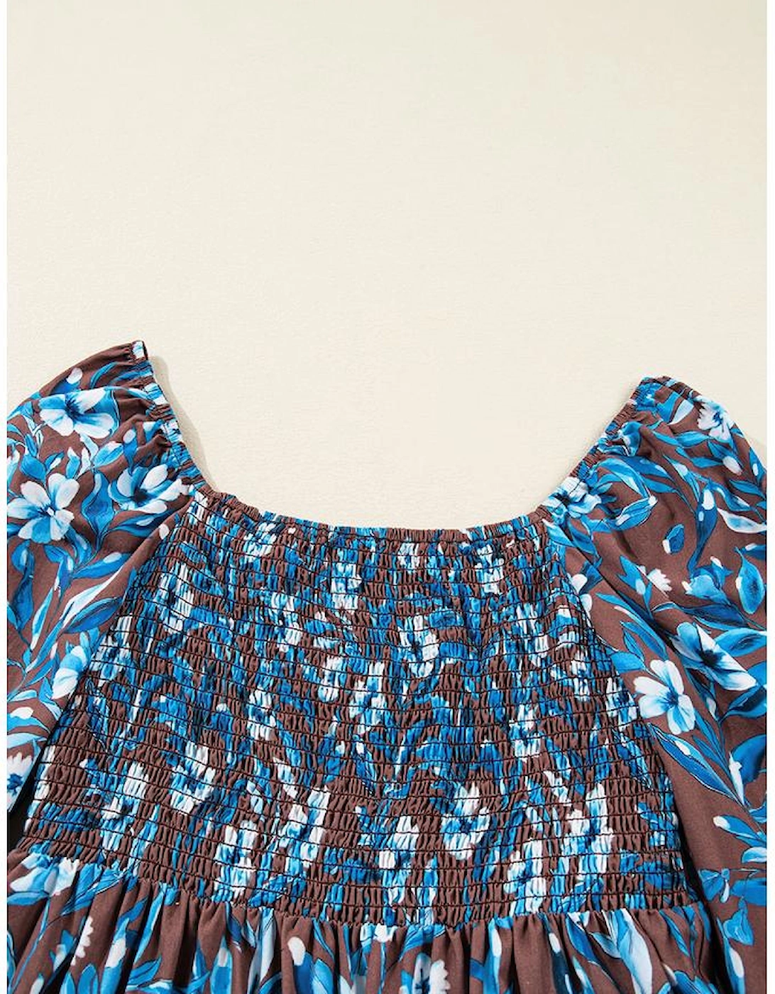 Blue Smocked Bodice High Waist Ruffled Sleeve Floral Dress