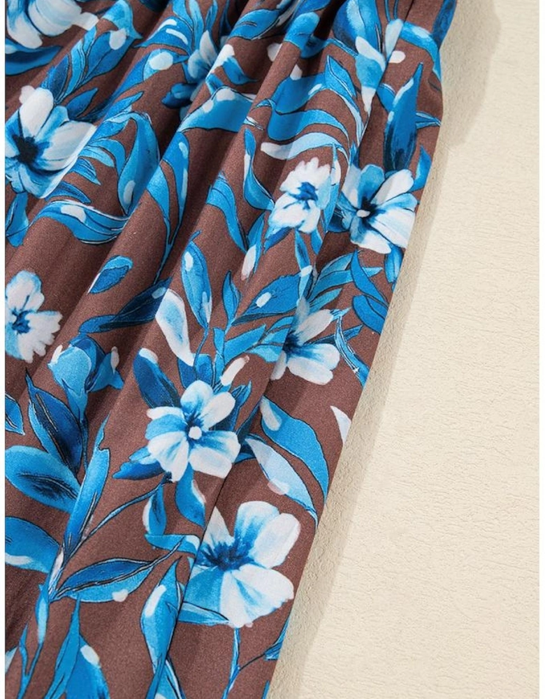 Blue Smocked Bodice High Waist Ruffled Sleeve Floral Dress