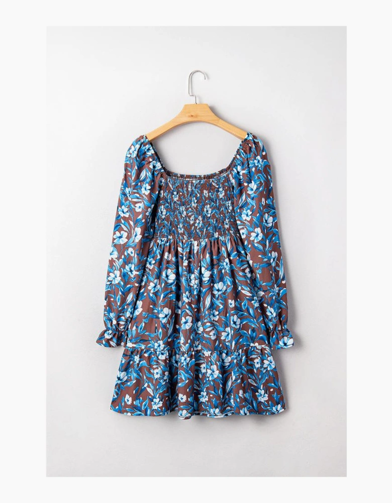 Blue Smocked Bodice High Waist Ruffled Sleeve Floral Dress