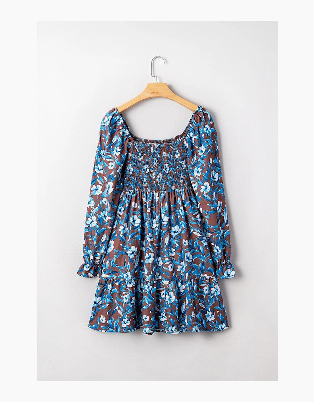 Blue Smocked Bodice High Waist Ruffled Sleeve Floral Dress