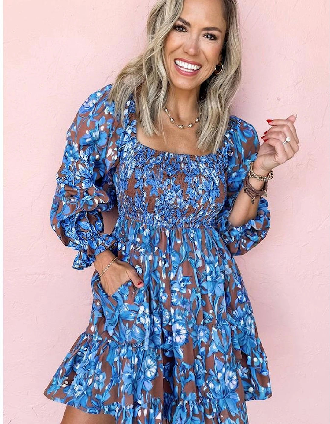 Blue Smocked Bodice High Waist Ruffled Sleeve Floral Dress