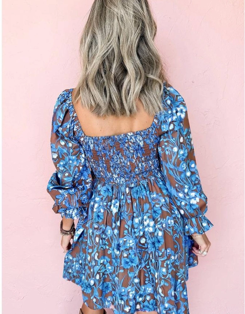 Blue Smocked Bodice High Waist Ruffled Sleeve Floral Dress