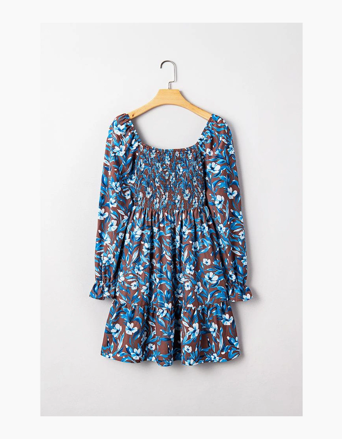 Blue Smocked Bodice High Waist Ruffled Sleeve Floral Dress