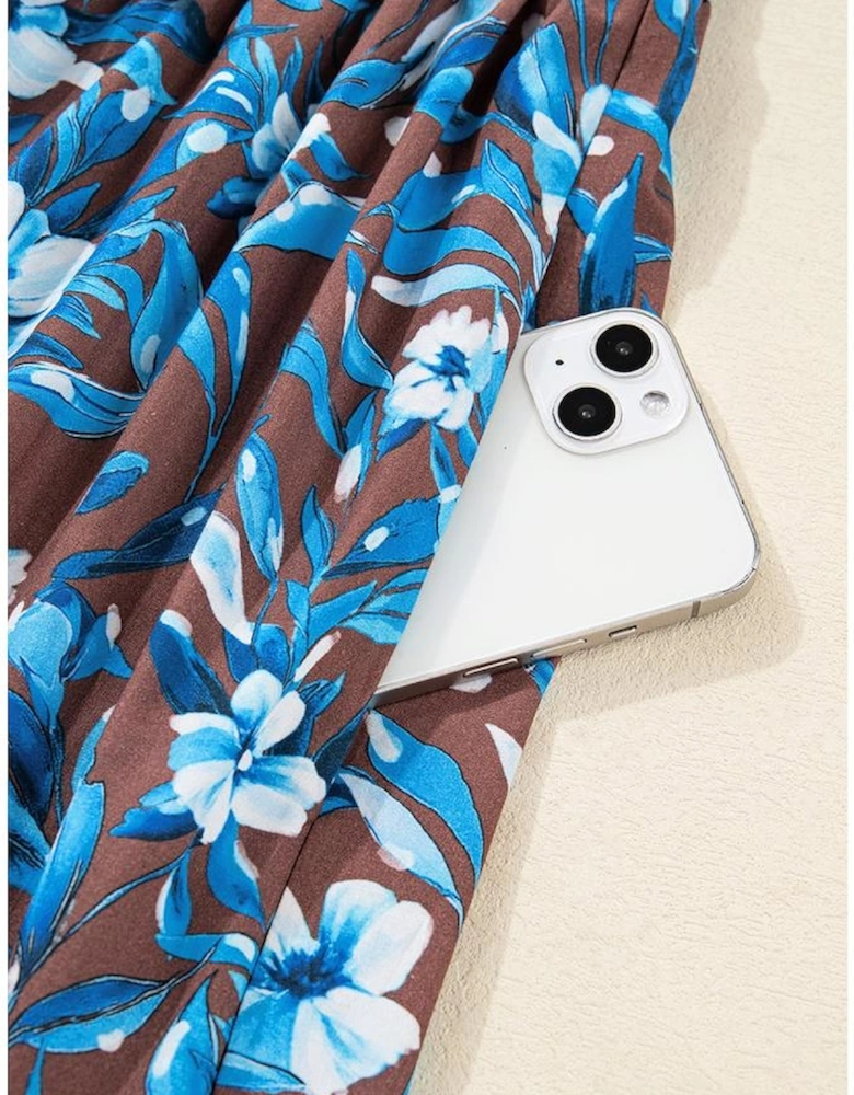 Blue Smocked Bodice High Waist Ruffled Sleeve Floral Dress