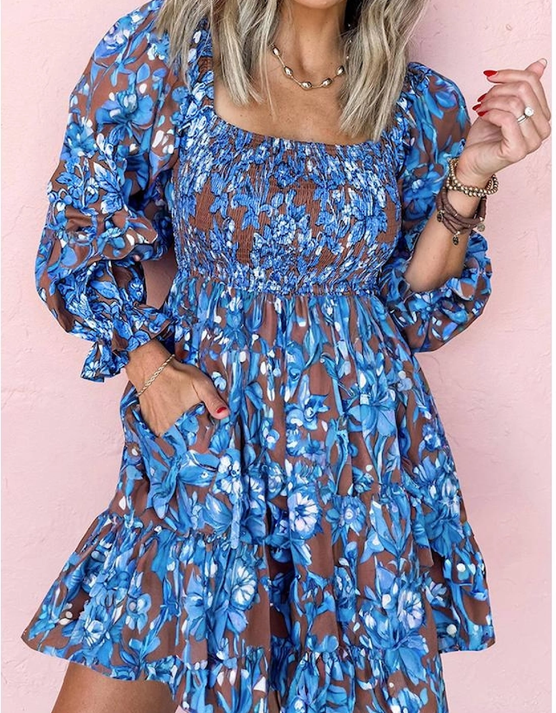 Blue Smocked Bodice High Waist Ruffled Sleeve Floral Dress