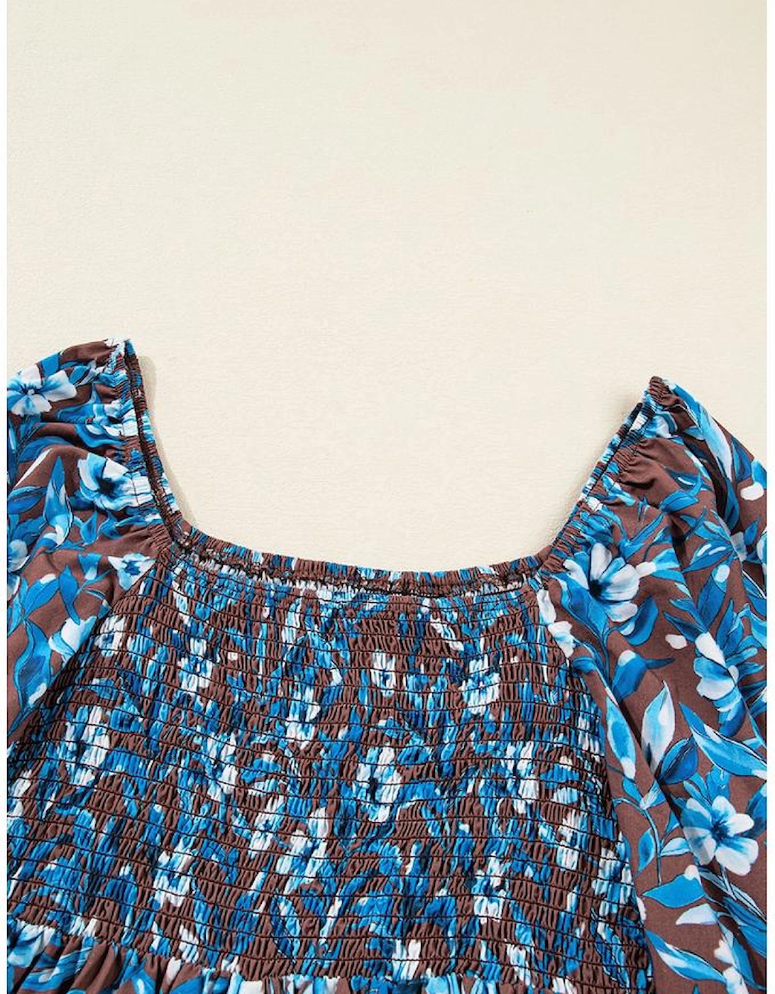 Blue Smocked Bodice High Waist Ruffled Sleeve Floral Dress