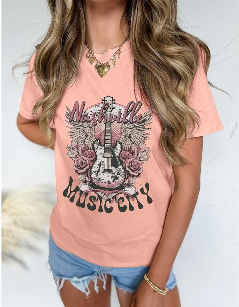 Pink Nashville MUSIC CITY Guitar Graphic Crewneck Tee