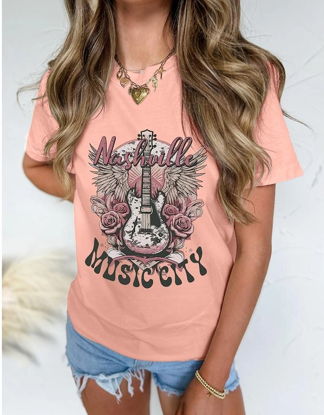 Pink Nashville MUSIC CITY Guitar Graphic Crewneck Tee, 8 of 7