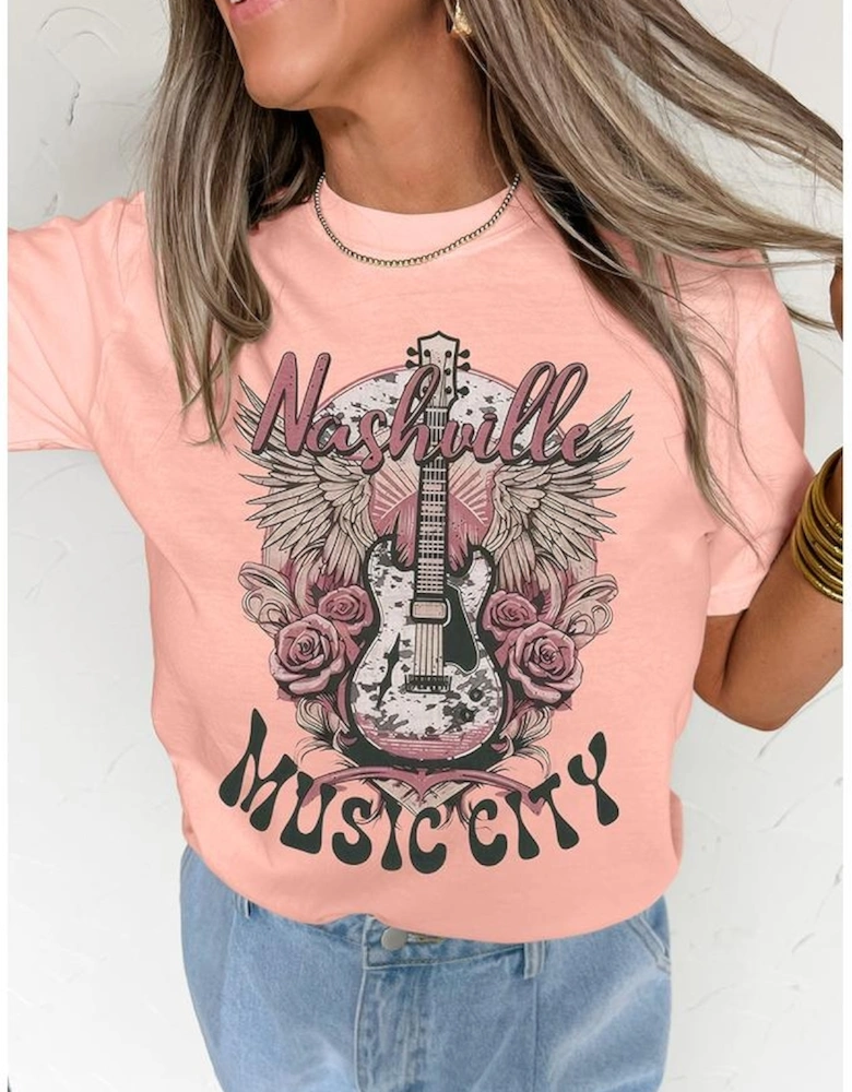 Pink Nashville MUSIC CITY Guitar Graphic Crewneck Tee