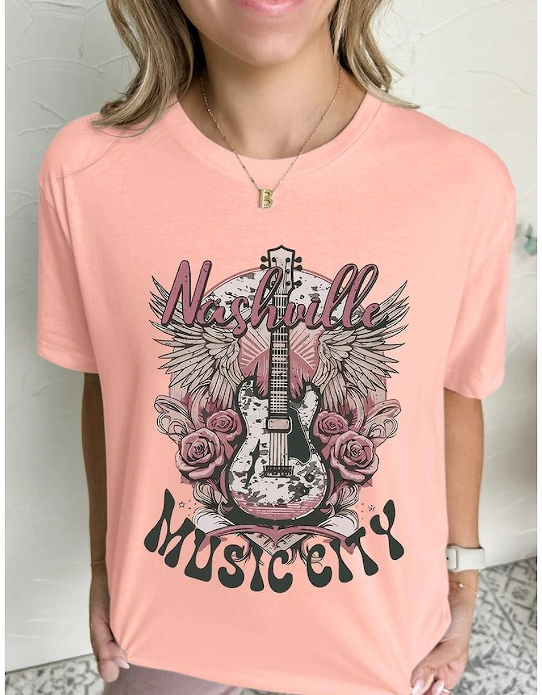 Pink Nashville MUSIC CITY Guitar Graphic Crewneck Tee