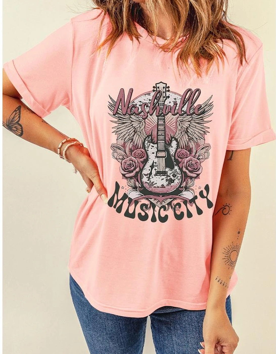 Pink Nashville MUSIC CITY Guitar Graphic Crewneck Tee