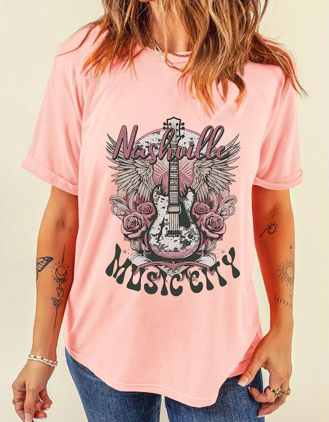 Pink Nashville MUSIC CITY Guitar Graphic Crewneck Tee