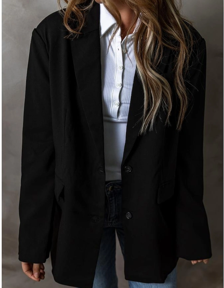 Black Lapel Flap Pocket Buttoned Blazer