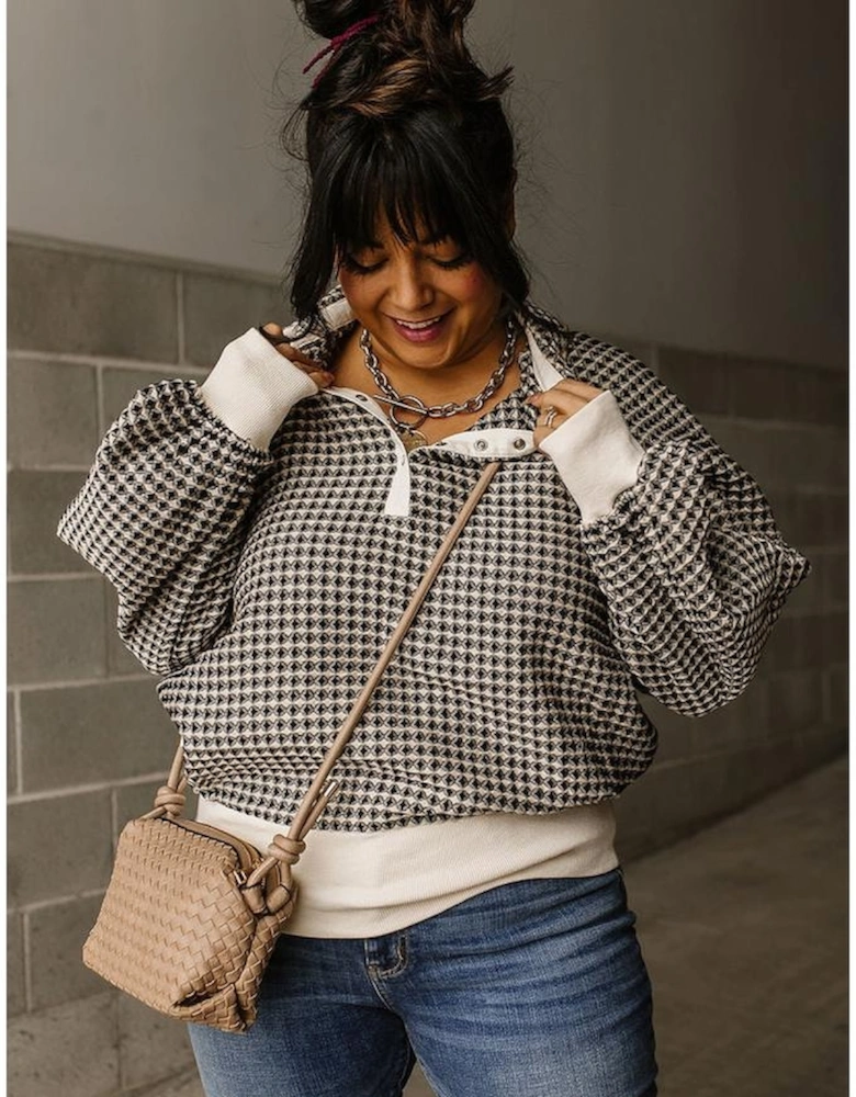 Black Plus Size Two Tone Contrast Collared Pullover Sweatshirt