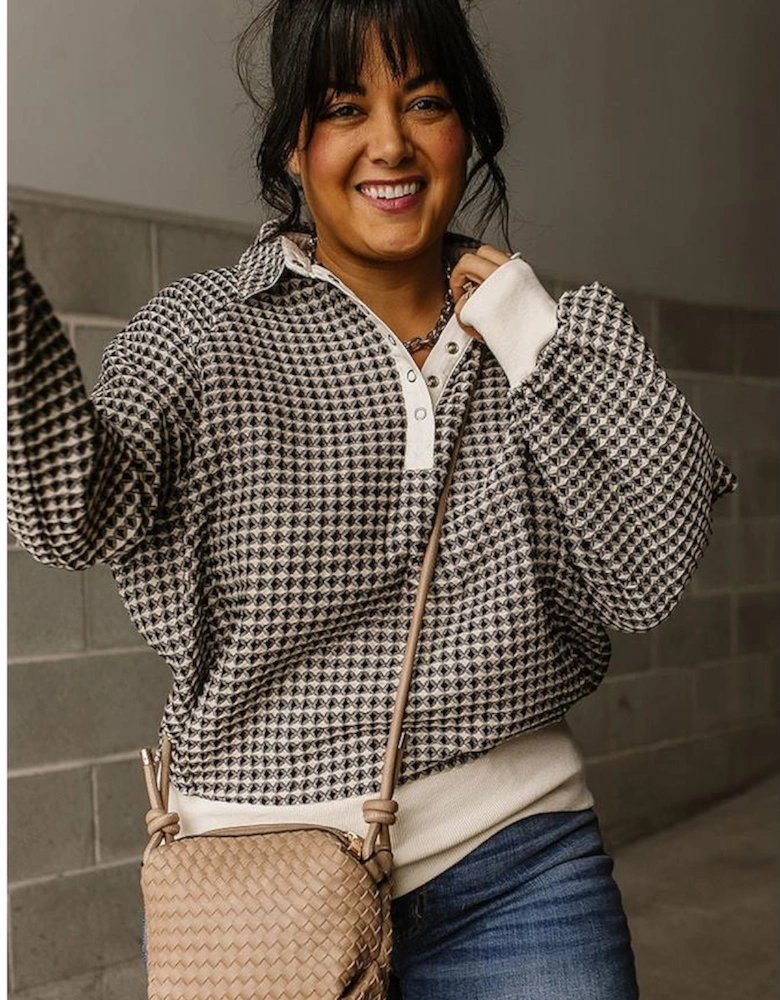 Black Plus Size Two Tone Contrast Collared Pullover Sweatshirt