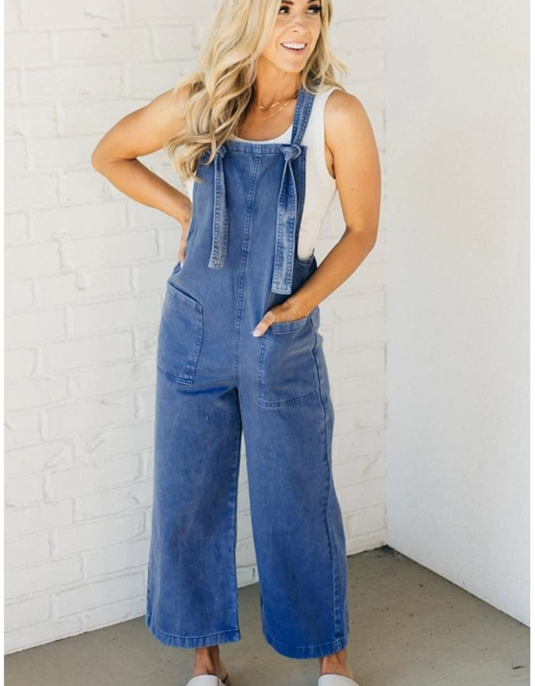 Prussian Blue Mineral Wash Knotted Strap Patched Pocket Wide Leg Denim Overalls