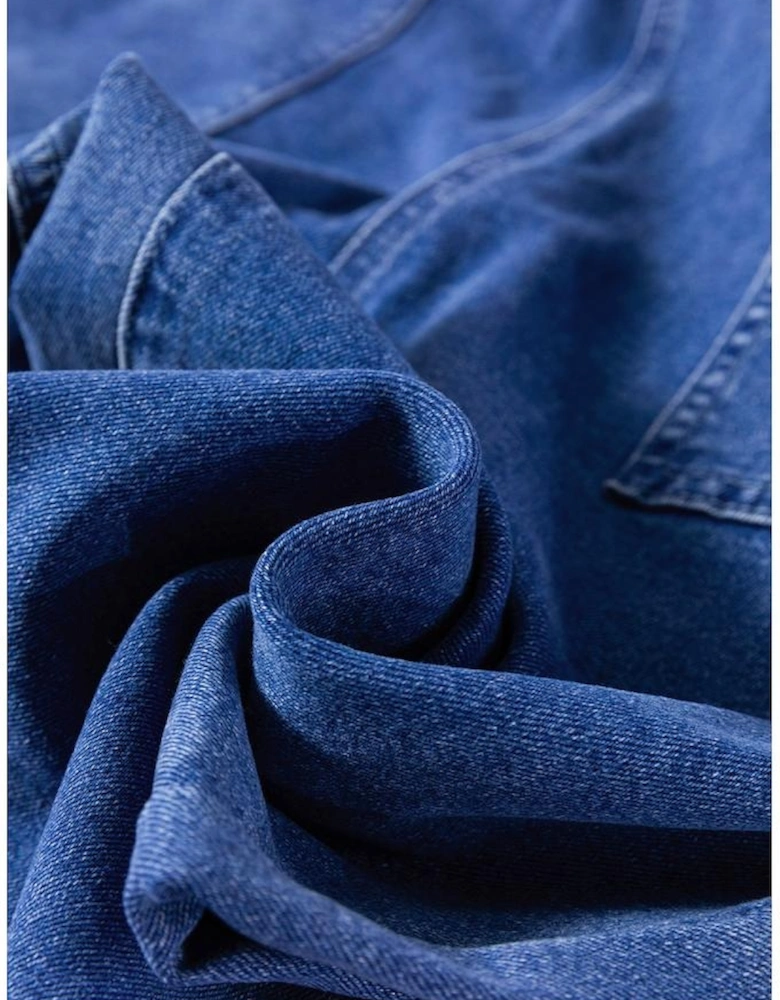 Prussian Blue Mineral Wash Knotted Strap Patched Pocket Wide Leg Denim Overalls