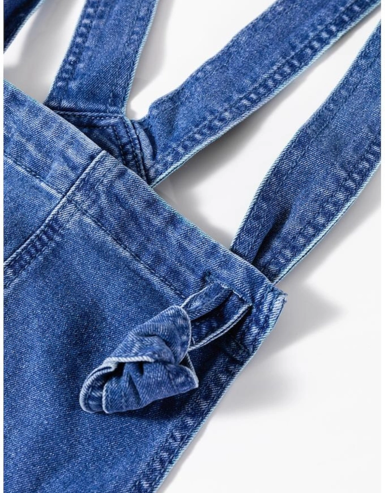 Prussian Blue Mineral Wash Knotted Strap Patched Pocket Wide Leg Denim Overalls