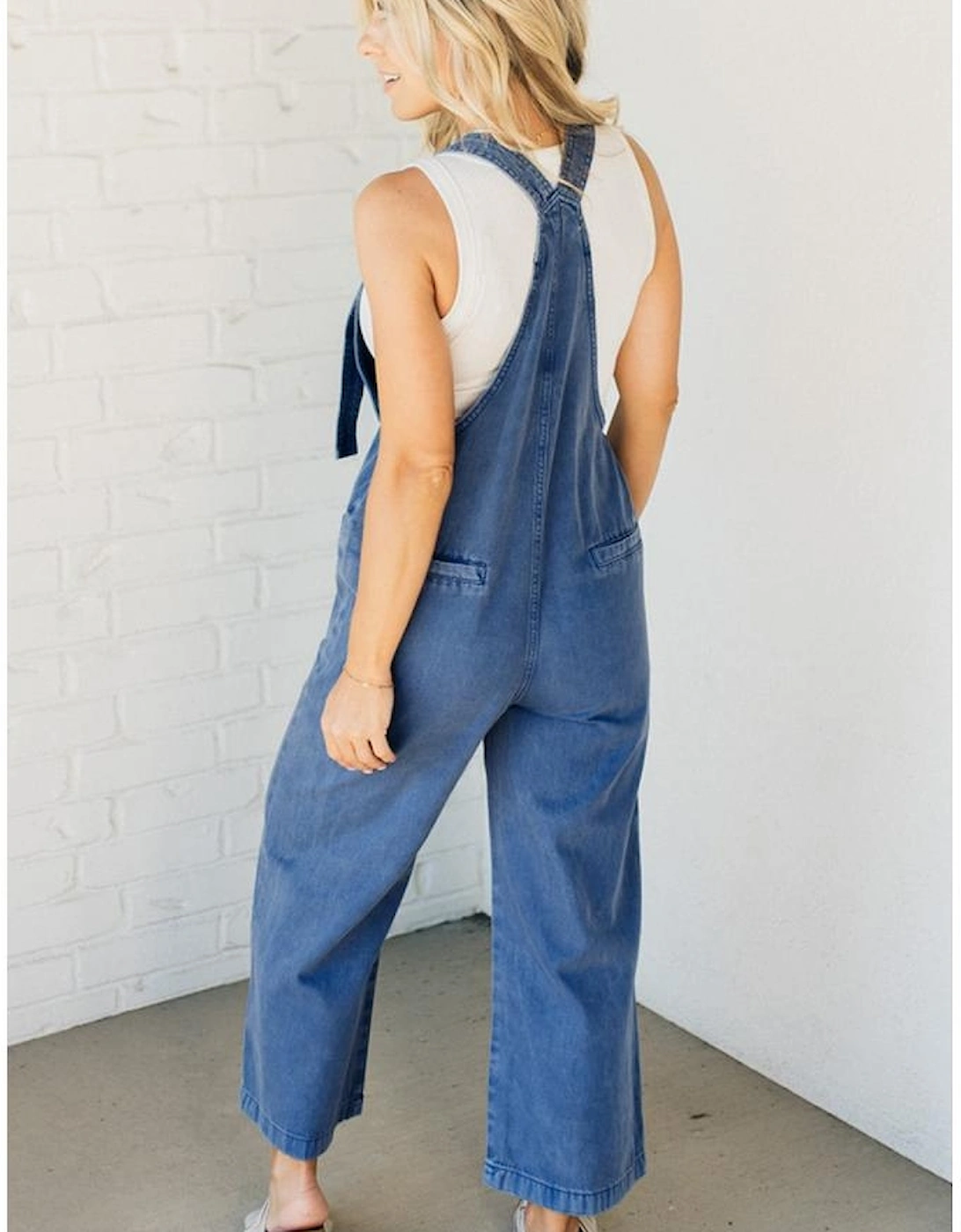 Prussian Blue Mineral Wash Knotted Strap Patched Pocket Wide Leg Denim Overalls