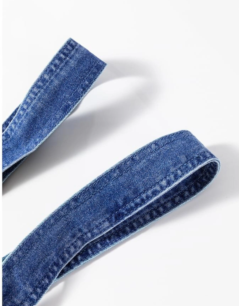 Prussian Blue Mineral Wash Knotted Strap Patched Pocket Wide Leg Denim Overalls