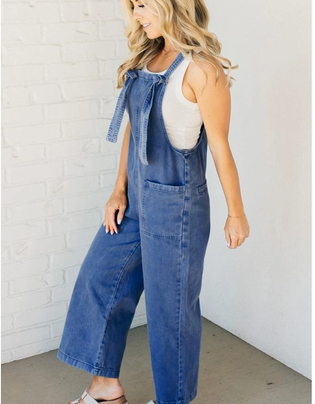 Prussian Blue Mineral Wash Knotted Strap Patched Pocket Wide Leg Denim Overalls